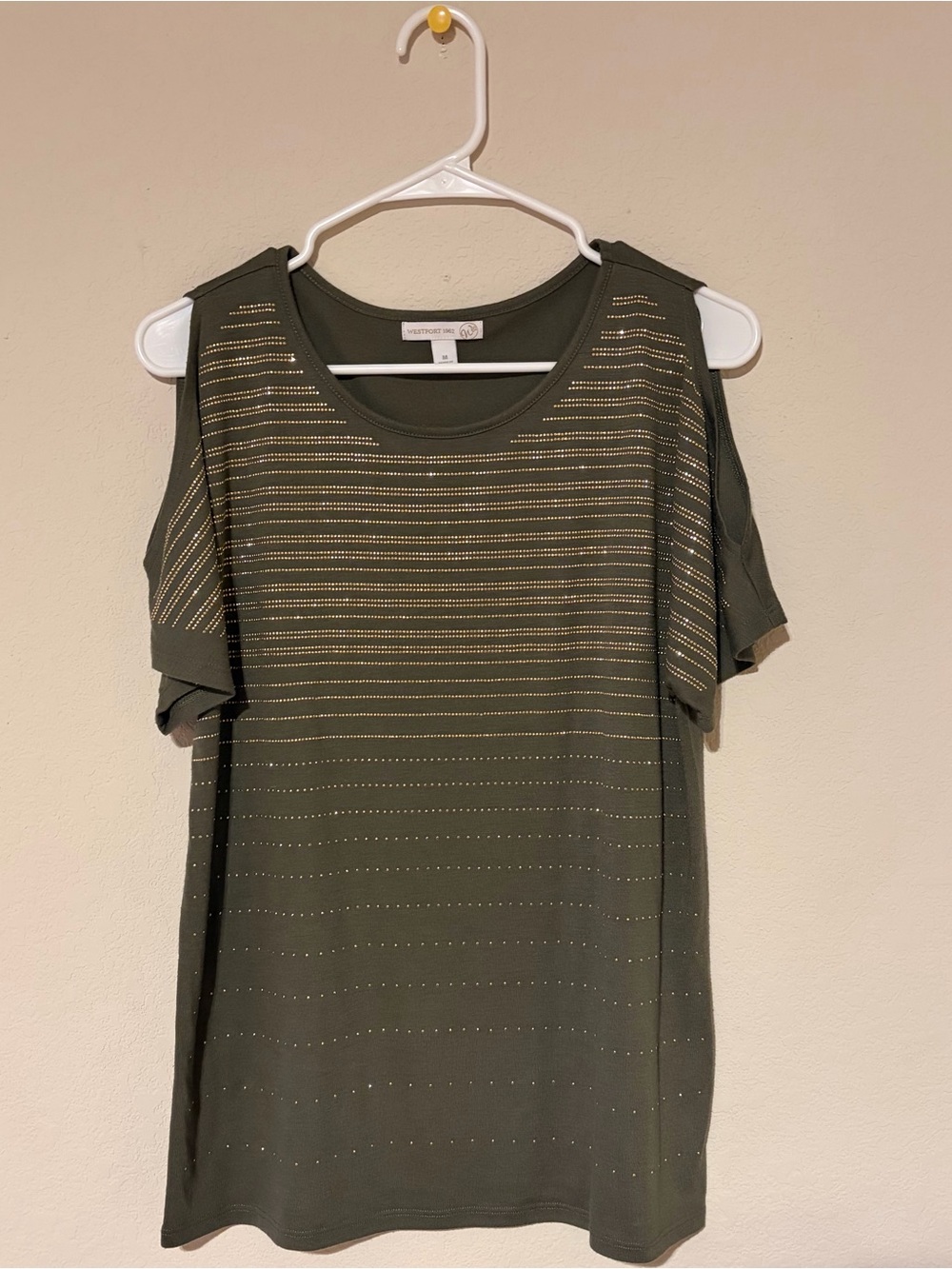 Westport Olive Cold-Shoulder Tee with Gold Metallic Stripes